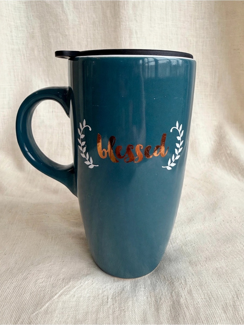 Sheffield Home Blessed Tall Ceramic Travel Mug Teal Copper Foil + Lid 16oz